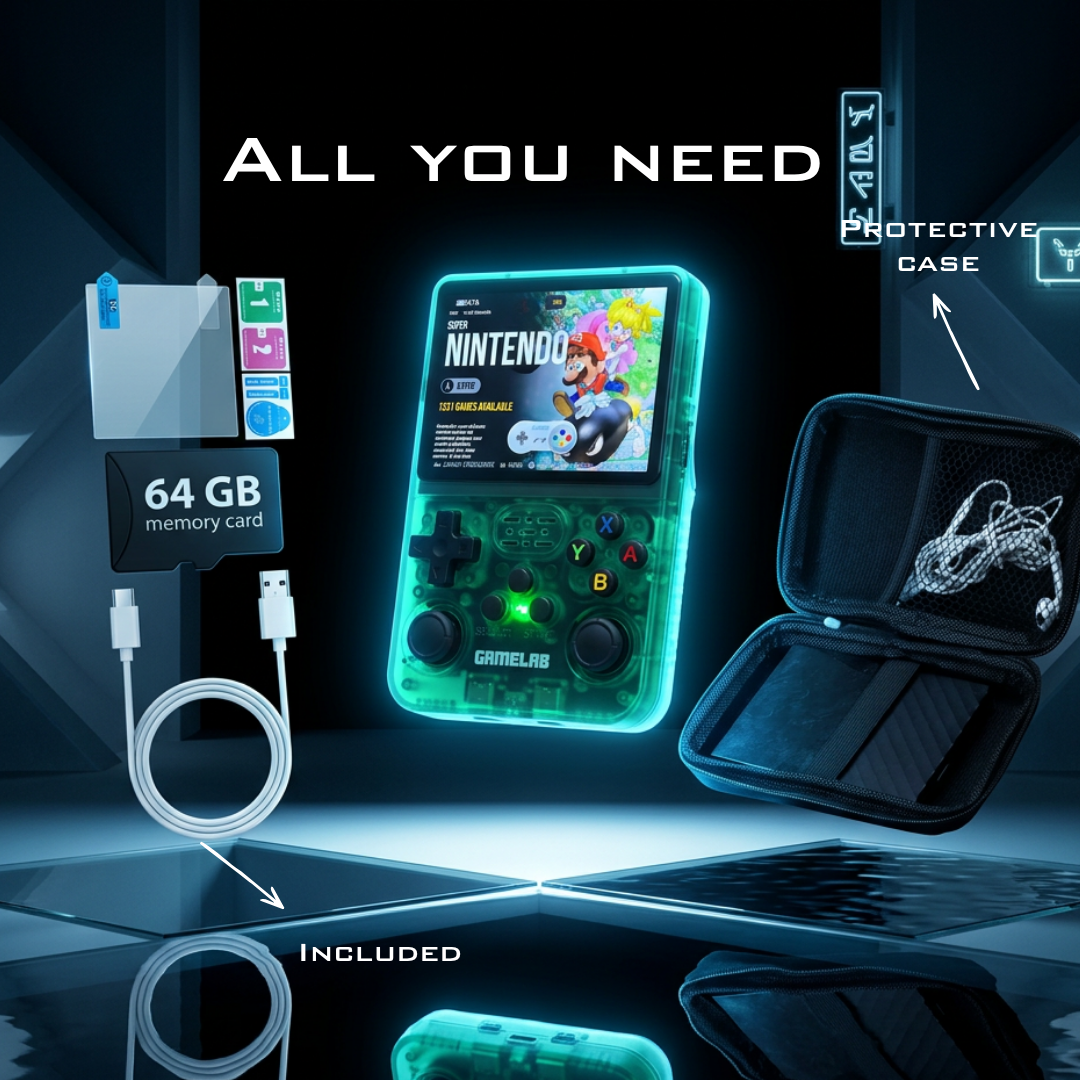 GameLab console with 64GB card, USB-C cable, screen protector and protective case